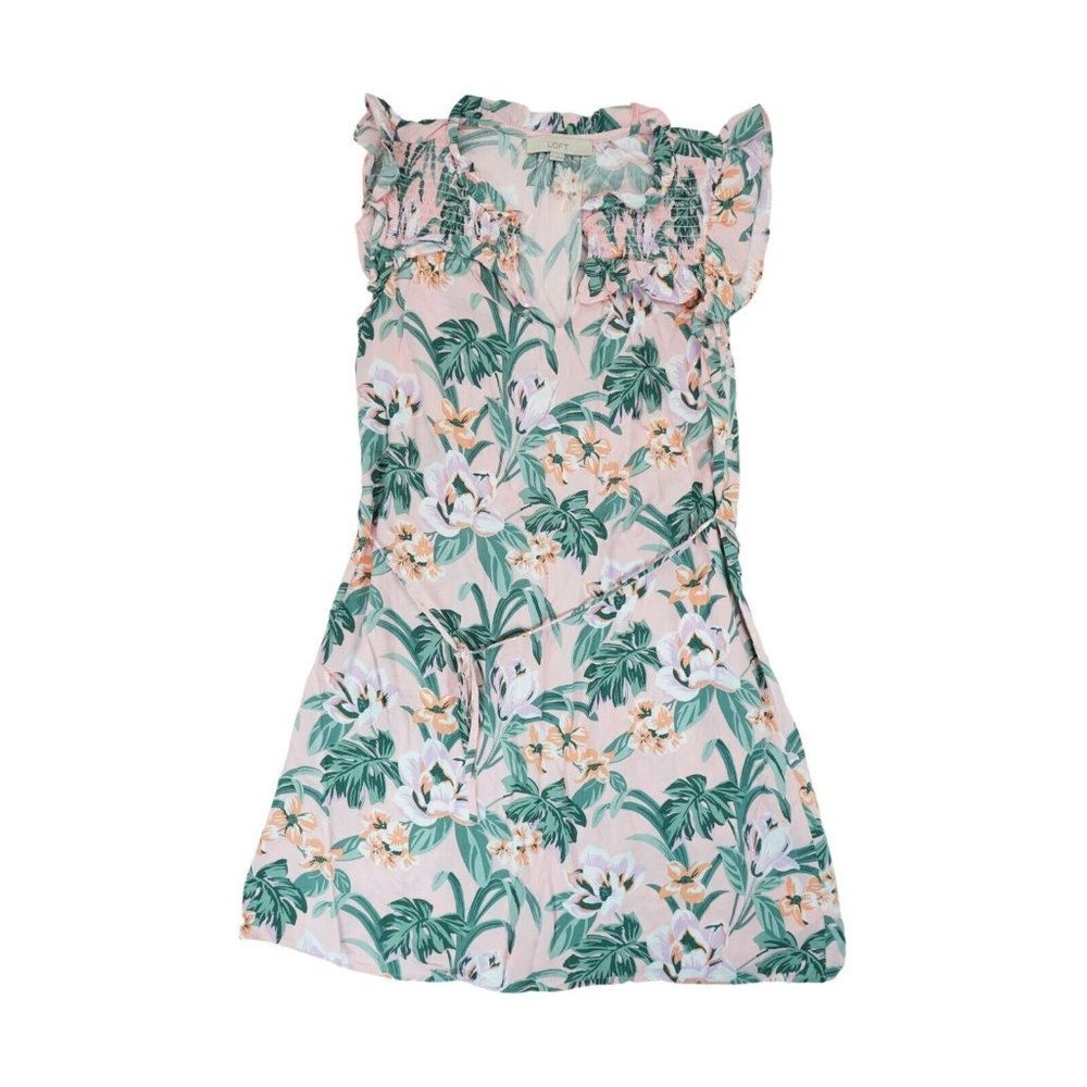 Ann Taylor Loft Pink Tropical Floral Print Ruffle Tie‎ Waist Dress Size Small